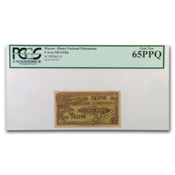 1920 Macau 5 Avis Note Cu-65 PPQ PCGS 1920 Macau 5 Avis Note Cu-65 PPQ PCGS